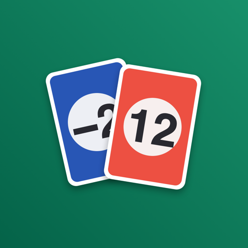 Icône de l'application Score Cartes : deux cartes, un −2 bleu et un 12 rouge, sur fond vert